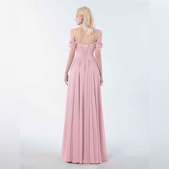AZJINCOS A-Line Ruched Off-Shoulder Floor Length Chiffon Formal Gown Dress S - Picture 4 of 7